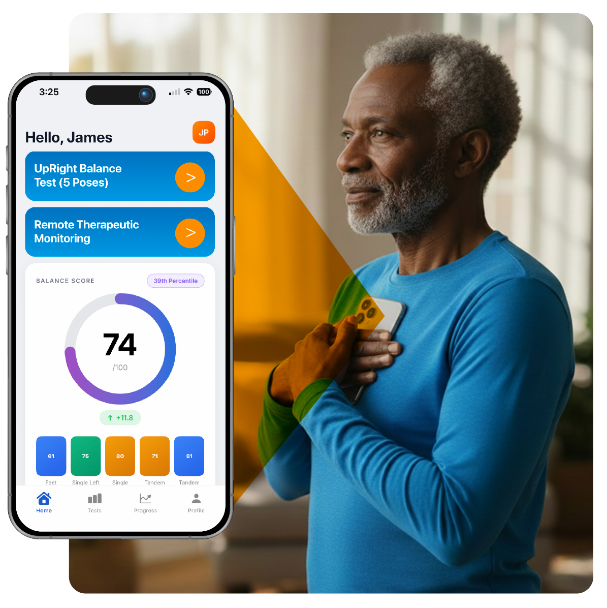 UpRight Science app showing a balance score of 74, with a woman holding her phone